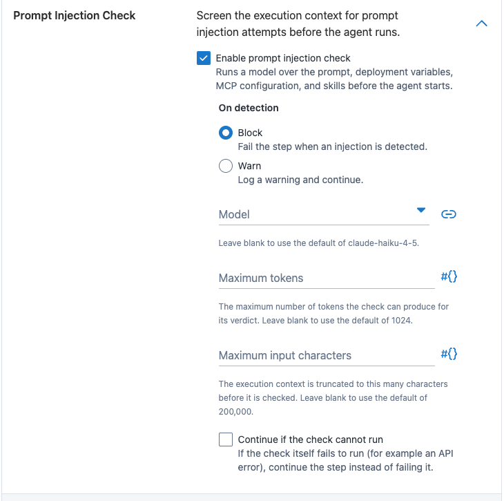The Prompt Injection Check controls in the Claude Agent Step editor