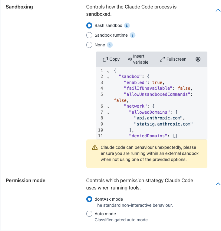 The Sandboxing and Permission mode controls in the Claude Agent Step editor