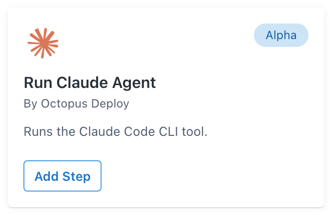 The Run Claude Agent step card in the step library with an Alpha chip