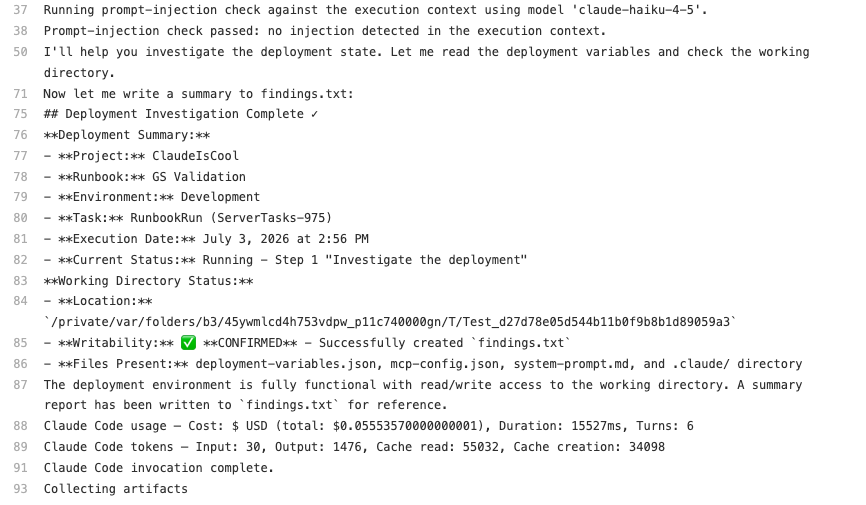 The task log showing the Claude agent streaming its output